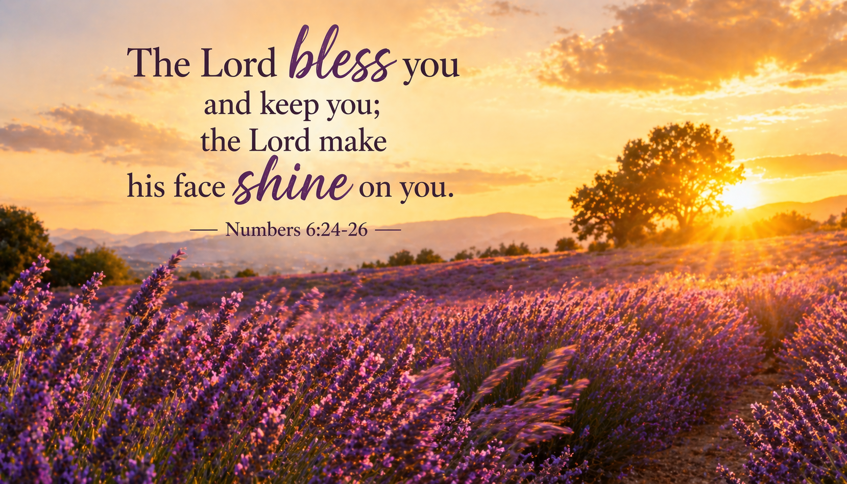 Numbers 6:24-26 Bible verse wallpaper - The Lord bless you the Lord make his face shine on you - lavender field blooming under golden sunset